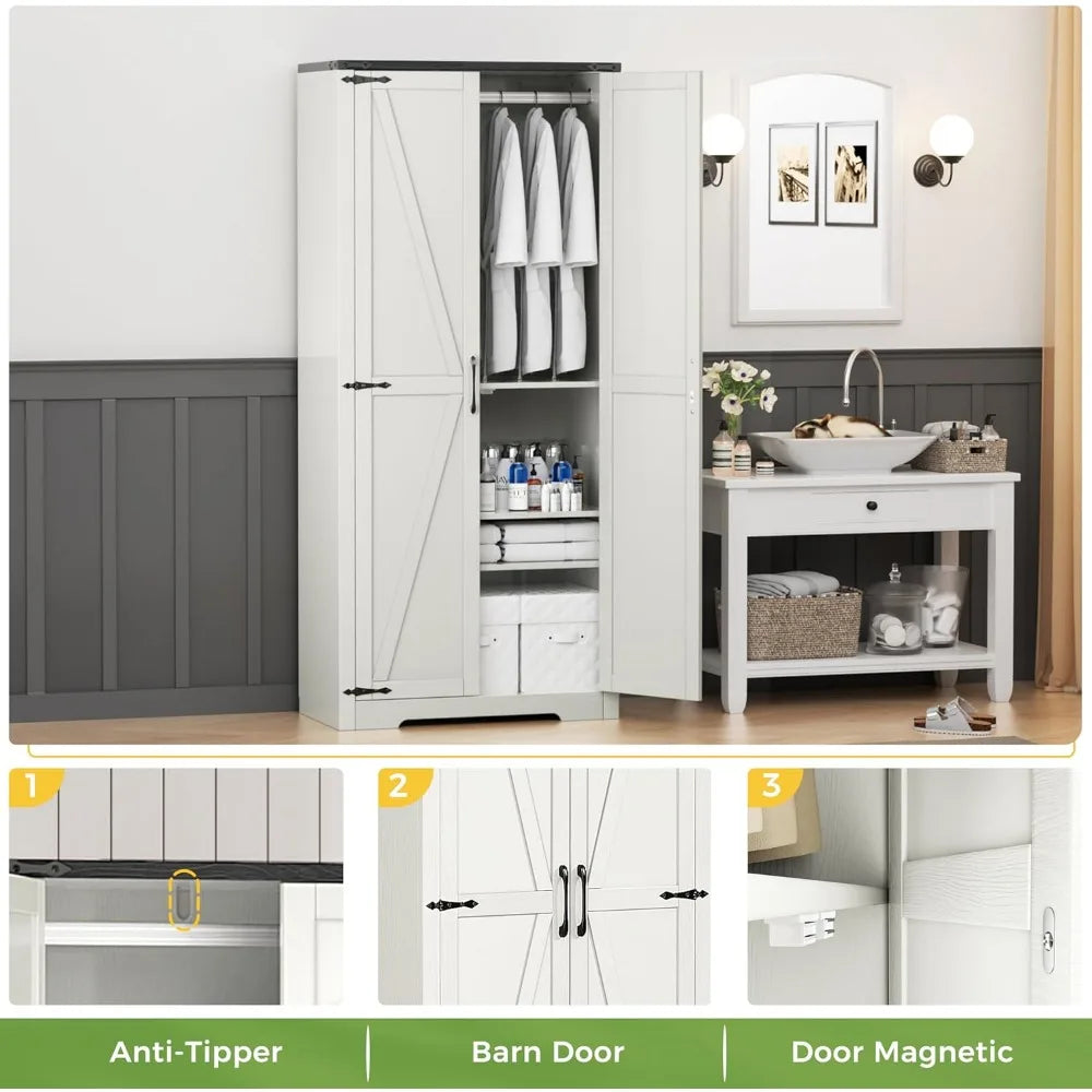 Wardrobe Closet with Doors, 72" Armoire Wardrobe Cabinet, White Bedroom Storage Cabinet with Hanging Rod for Kitchen, Pantry