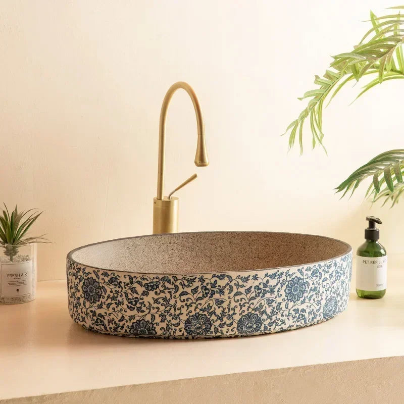 Blue and white porcelain ceramic basin oval retro balcony wash hands single basin toilet wash face bathroom sink washbasin