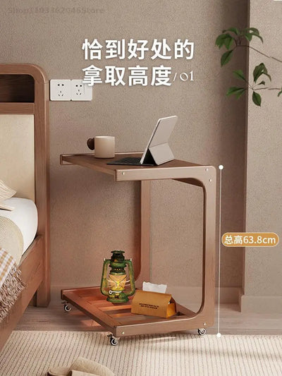 Solid Wood Sofa Side Table Cabinet Movable Table With Wheels Mini Coffee Table Living Room Small Apartment C- Shaped Small Tea