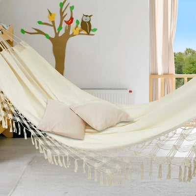 Boho Macrame Double Hammock with Hanging Ropes & Elegant Tassels 86.6x59 Portable Cotton Hammock for Patio Backyard Porch