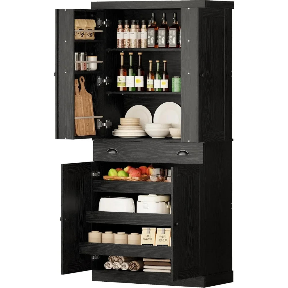 Kitchen Pantry Cabinet 72" Height, Freestanding Cupboard with Drawer, Sliding Storage Rack,and 6 Hanging Shelves for Dining Room