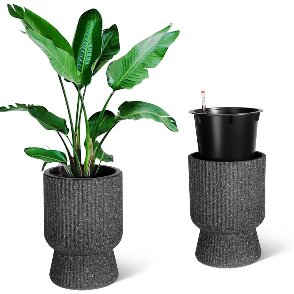 14.2" Tall Planters Set of 2, Plant Pots, Self Watering Pots for Indoor Plants, Flower Pots with Built-in Drainage and a Water