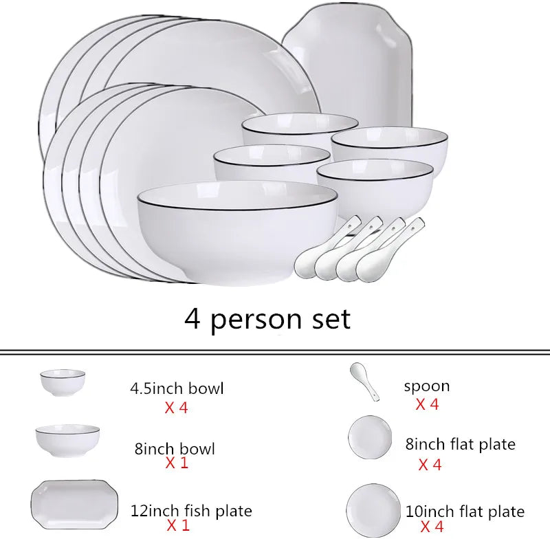 White With Black Edge Dinner Plate Set Ceramic Serving Tray Food Dishes Rice Salad Noodles Bowl Soup Kitchen Dinnerware