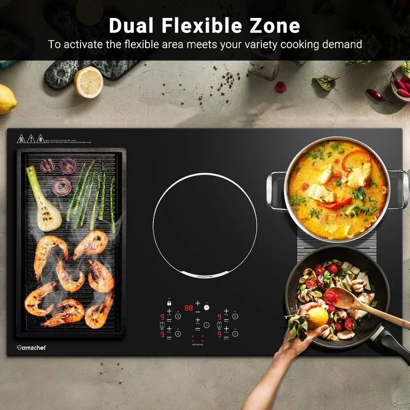 36 Inch Induction Cooktop,AMZCHEF Built-in Electric Cooktop with 5 Boost Burners Including 2-in-1 Zone,240V/10800W Cooktop