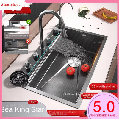 Stainless Steel Waterfall Kitchen Sink Embossed Extra Large Single Slot Intelligent Digital Display Dishwashing sink