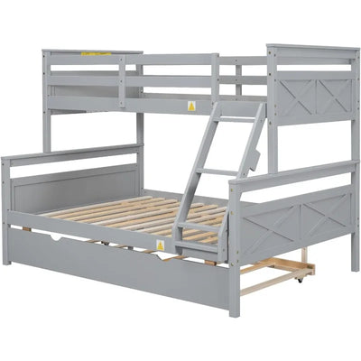 Bunk Bed, Twin Over Full Wood Bunk Bed with Twin Size Trundle, Solid Wood Bunk Bed Frame with Guardrail and Ladder, Grey