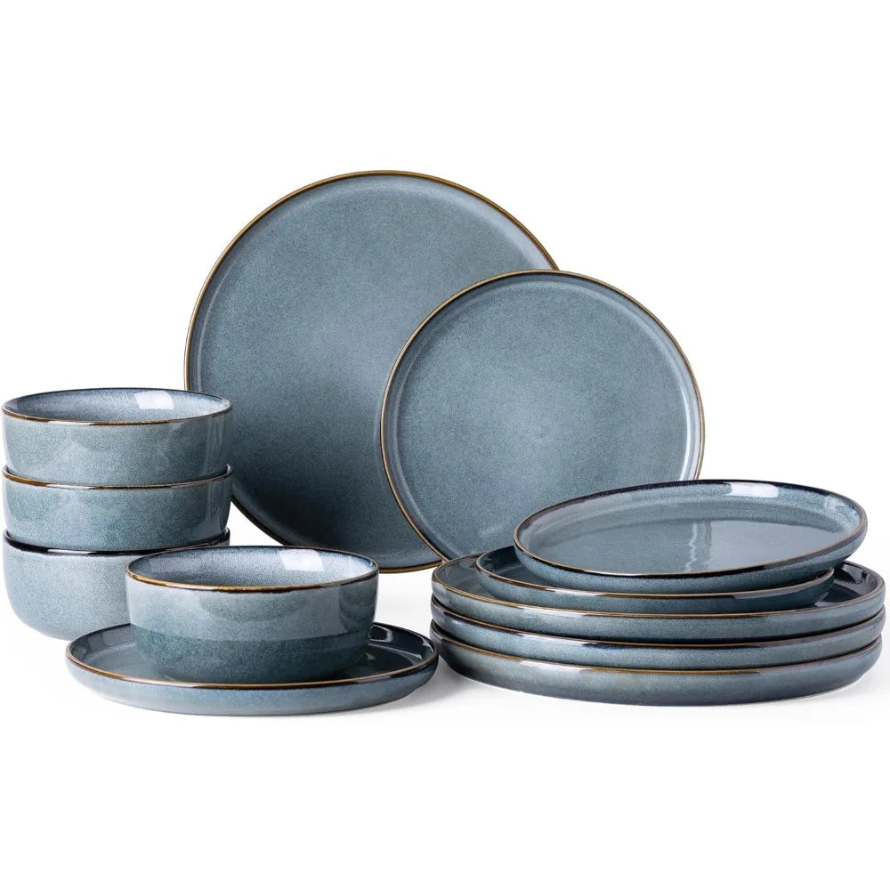 Ceramic Dinnerware Sets for 4, 12 Pieces Stoneware Plates and Bowls Sets, Reactive Glaze Dishes