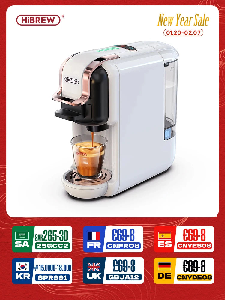 HiBREW 5 in 1 Multiple Capsule Coffee Machine Hot/Cold DG Cappuccino Nes Small Capsule ESE Pod Ground Coffee Cafeteria 20Bar H2B