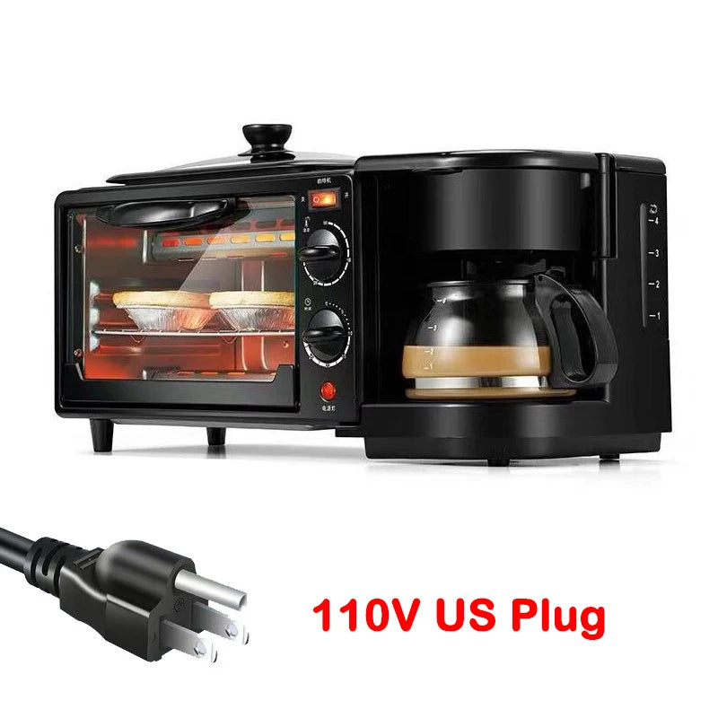 110V Electric Breakfast Machine 3 in 1 Multifunction Breakfast Maker Mini Drip Coffee Maker Bread Pizza Oven Frying Pan Toaster