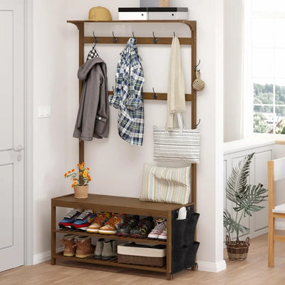 Hall Tree with shoe bench Entryway Bench with Coat Rack 6-in-1 Coat Rack Shoe  with Cloth Bag Storage  with 14 Coat Hooks,