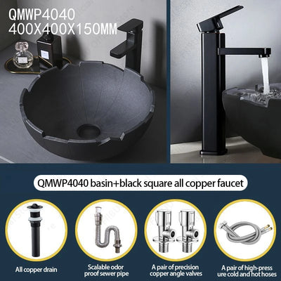 Black Ceramic Vessel Sink Lavatory Vanity Table Sink Above Counter Bathroom Art Basin Bowl Balcony Round Pedestal Washing Basin