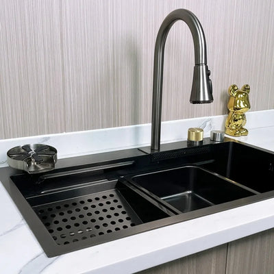 30 inch single bowl Tiktok Trends Metal Grey Stainless Steel Kitchen Sink with Rainfall Faucet & pull lefton kitchen sink set