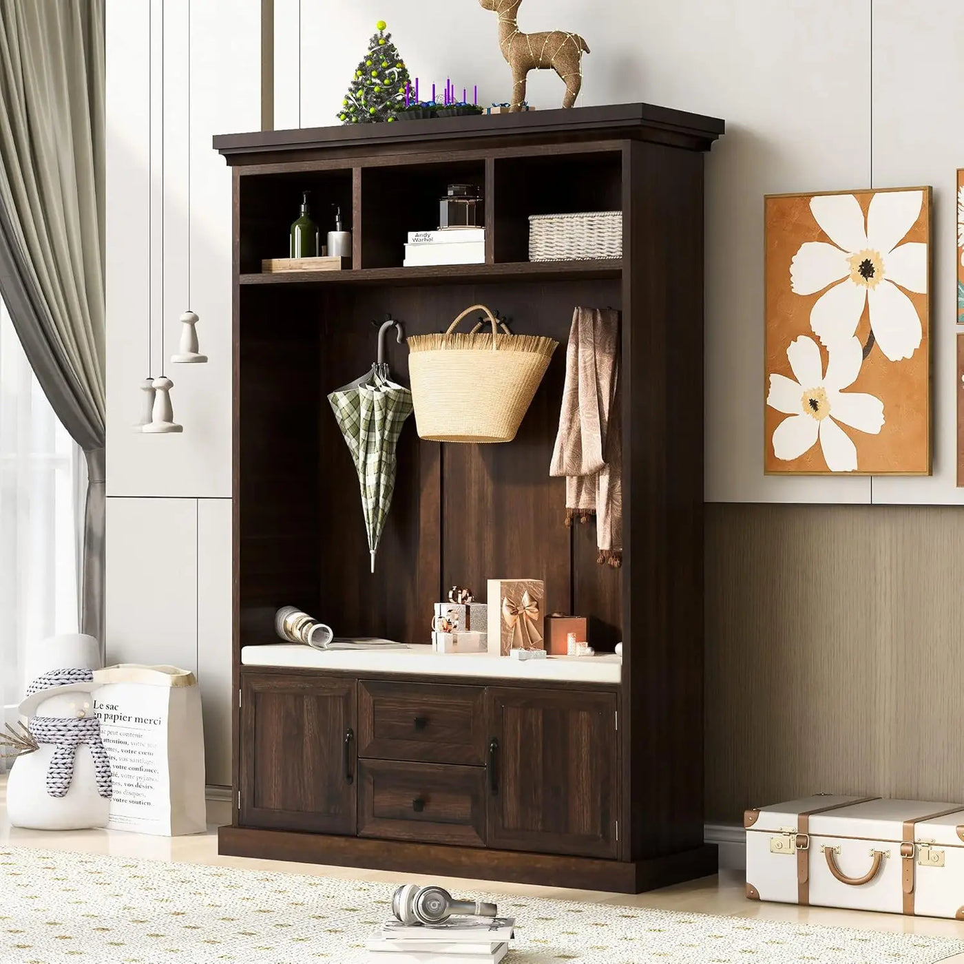 Coat Rack with Storage Bench, Shoe Cabinet with Cube Storage & Shelves, Hall Tree with 8 Hooks for Entryways, Clothes Racks