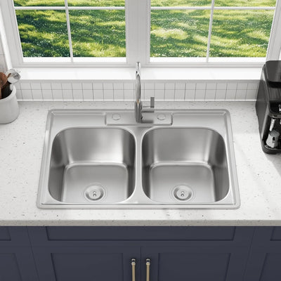 33 Inch Double Bowl Kitchen Sink Topmount 50/50 Drop In 18 Gauge 304 Stainless Steel Sinks with Basket Strainer 33" x 22" x 9"