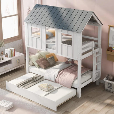 Wooden Bunk Bed with Windows, Guardrails and Twin Size Children Furniture Ladder,Modern Children Beds Playhouse Bunk Bed