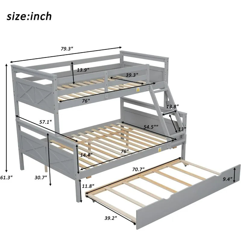 Bunk Bed, Twin Over Full Wood Bunk Bed with Twin Size Trundle, Solid Wood Bunk Bed Frame with Guardrail and Ladder, Grey