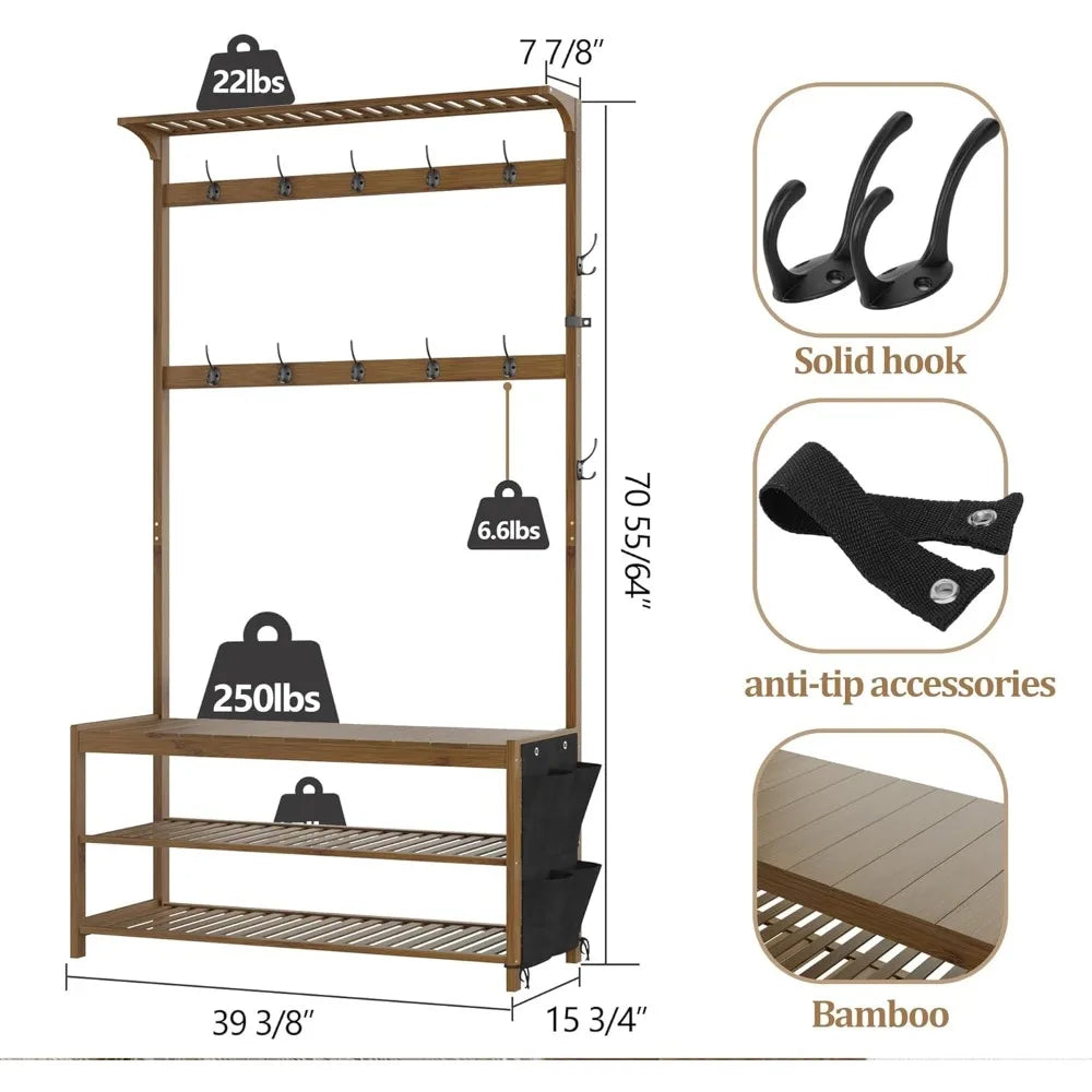 Hall Tree with shoe bench Entryway Bench with Coat Rack 6-in-1 Coat Rack Shoe  with Cloth Bag Storage  with 14 Coat Hooks,