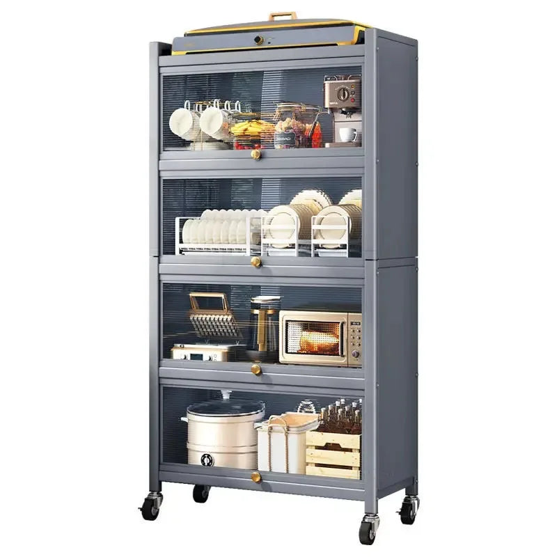 Modern Carbon Steel Kitchen Cabinets Home Storage Cabinet Multi-functional Multi-layer Microwave Oven Floor Rack with Flip Door