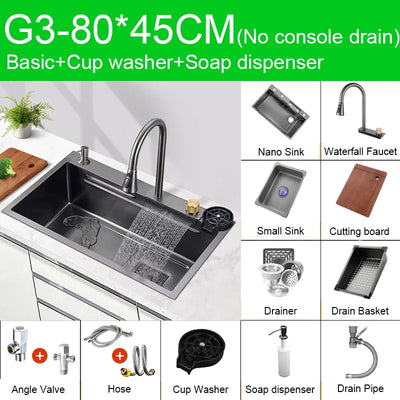 Multifunction Black Nano Kitchen Sink Waterfall Faucet Large Single Bowl Cup Washer Pure Tap Soap Dispenser 304 Stainless Steel