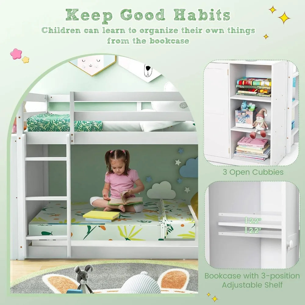 Twin Over Twin Bunk Bed with Storage Shelves, Solid Wood Bunk Bed Frame with Convertible Bookcase & Ladder for Kids Teens