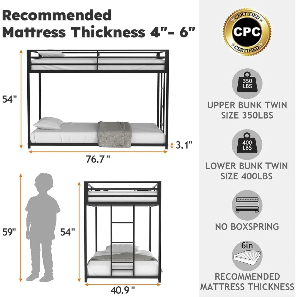 Twin Over Twin Bunk Bed Metal Low Profile Bunkbeds with Full-Length Guardrail and Ladder No Boxing Spring Needed