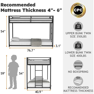 Twin Over Twin Bunk Bed Metal Low Profile Bunkbeds with Full-Length Guardrail and Ladder No Boxing Spring Needed