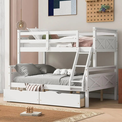 Bunk Bed, Twin Over Full Wood Bunk Bed with Twin Size Trundle, Solid Wood Bunk Bed Frame with Guardrail and Ladder, Grey