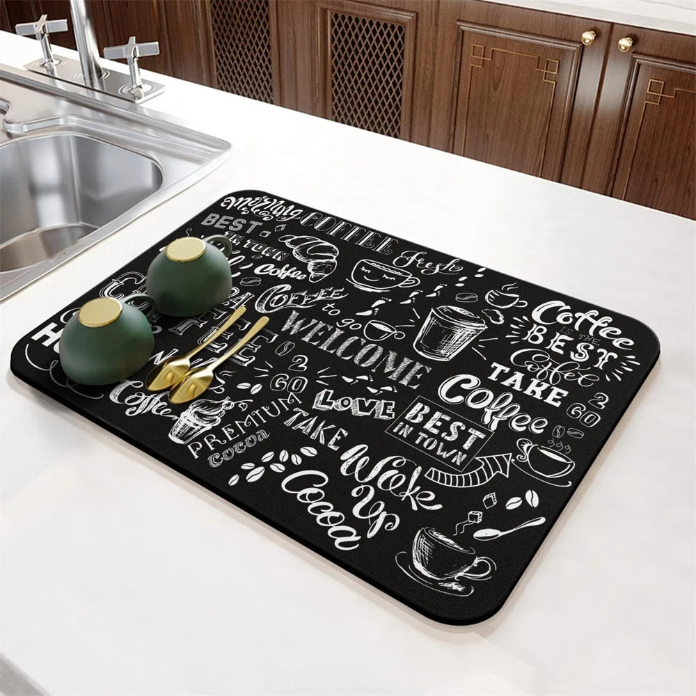 Coffee Cup Drying Mat Cartoon Black Non-slip Absorbent Mat Diatoms Tableware Kitchen Counter Drain Mat Coffee Bar Drain Mat