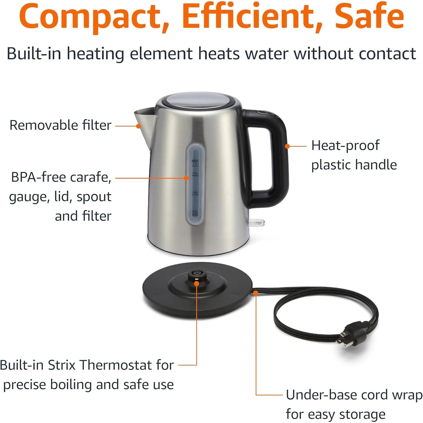 Stainless Steel Electric Kettle, 1.8-Quart (1.7 Liter), 1500 Watts, BPA-Free, Black and Silver