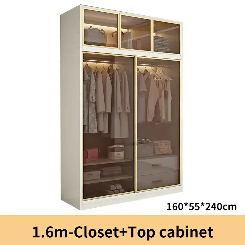 Italian Clothes Cabinet With LED Light And Storage Drawers Transparent Glass Sliding Door Bedroom Wardrobes Luxury Wood Closets