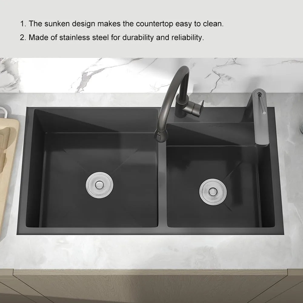 32" Black Double Bowl Kitchen Sink Stainless Steel Bar  Drop-In Kitchen Sink with Drain and Overflow