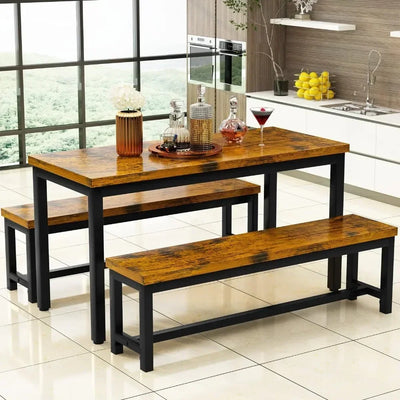 Restaurant dining table set, kitchen set with 2 benches 43.3x23.6x28.5 inches, bench 38.5x11.8x17.5 industrial brown