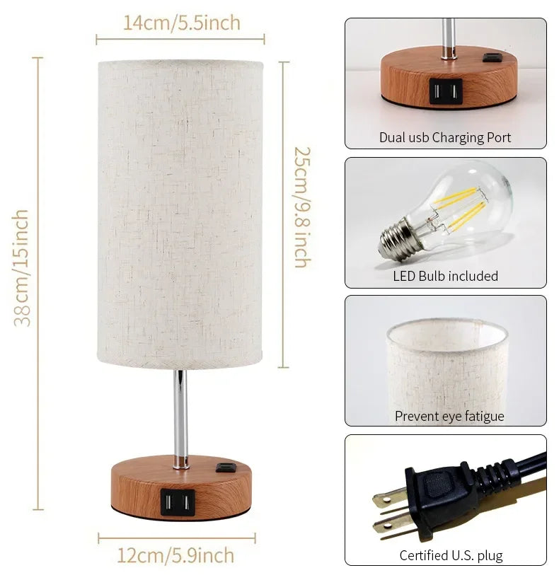 Dimmable Bedside Lamp Table Lamp with USB Charging Port Reading Nightstand Lamp Lampshade for Bedroom Decoration Light Fixture