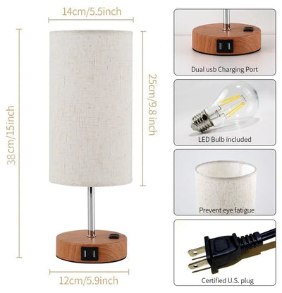 Dimmable Bedside Lamp Table Lamp with USB Charging Port Reading Nightstand Lamp Lampshade for Bedroom Decoration Light Fixture