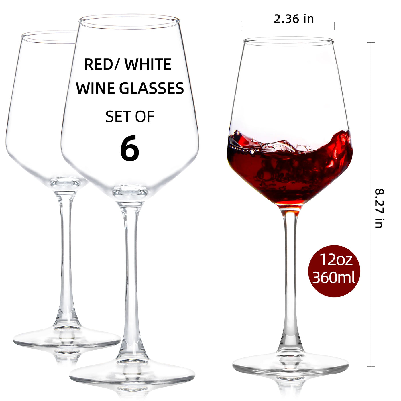 12pcs, 12Oz Red/White Wine Glasses Set, Durable Long Stemmed Crystal Clear Glasses, Lead-Free Goblet, Perfect for Home Wedding