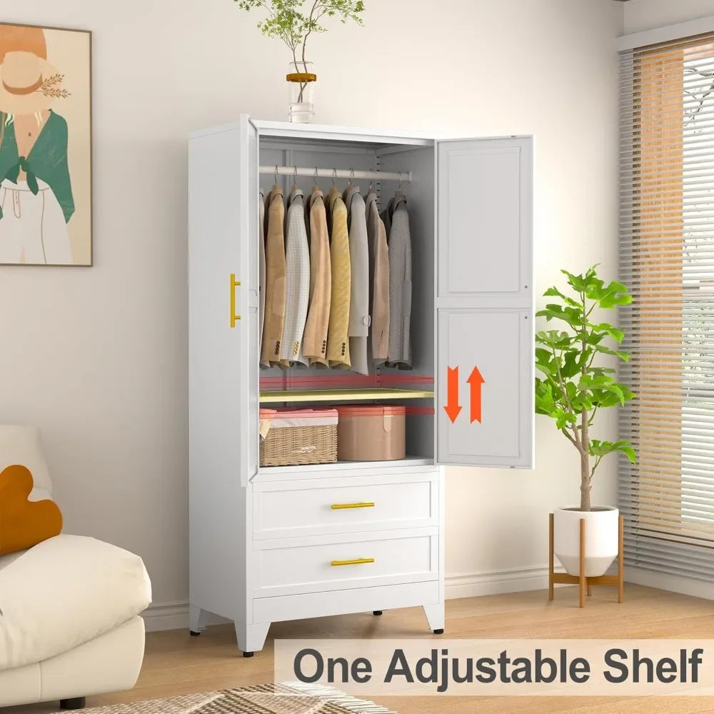 71” Metal Storage Cabinet with 2 Doors, 1 Adjustable Shelf and 2 Draws, Armoire Wardrobe Closet with Hanging Rods