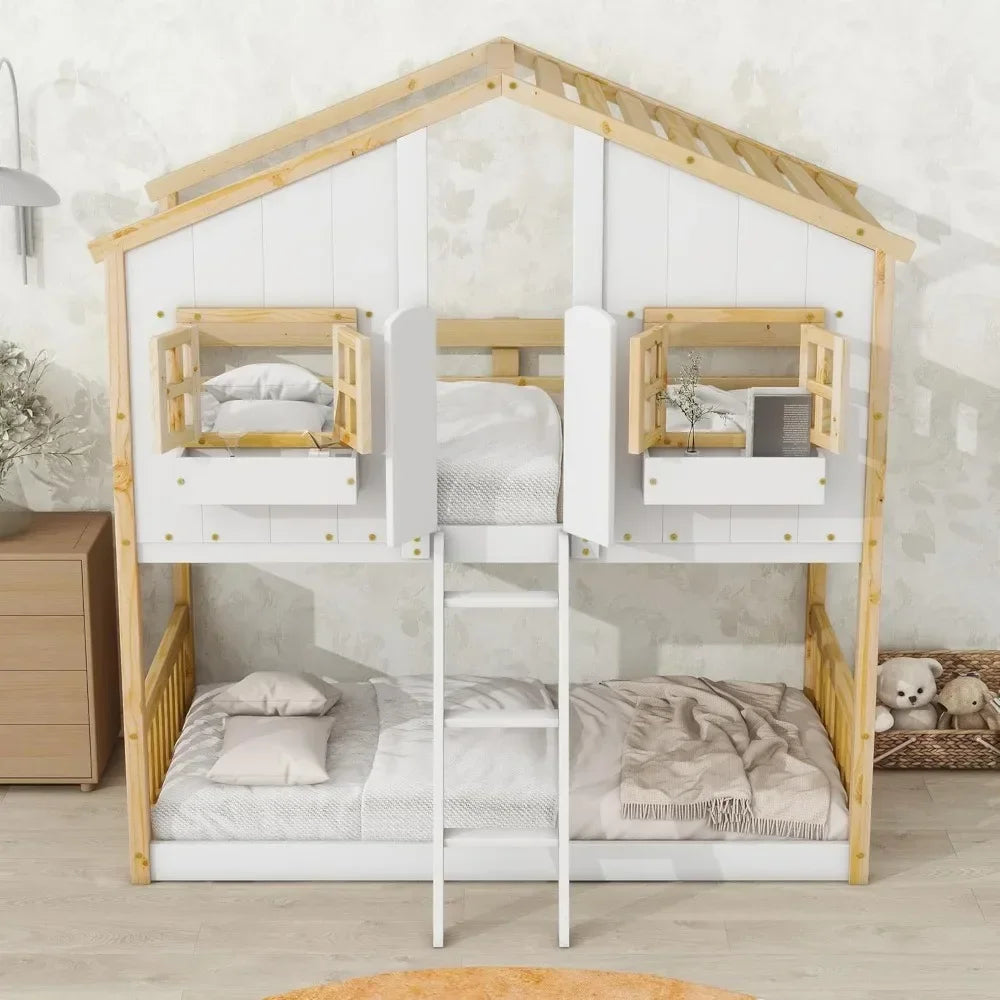 House Bunk Bed Twin Over Twin for Kids, Wood Bunk Beds with Roof, Windows, Window Box and Small Door, Floor Bunk Beds