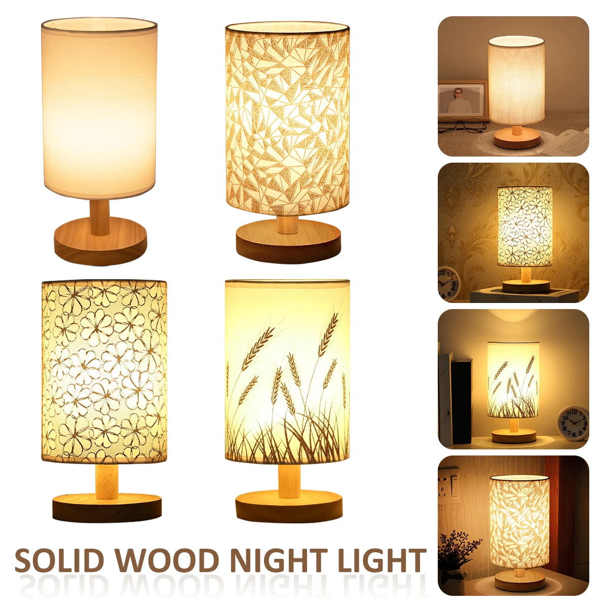 Wooden Table Lamp USB Powered Bedside Lamp Night Lights Bedroom Atmosphere Light with Cylinder Lamp Shade Hotel Home Decor