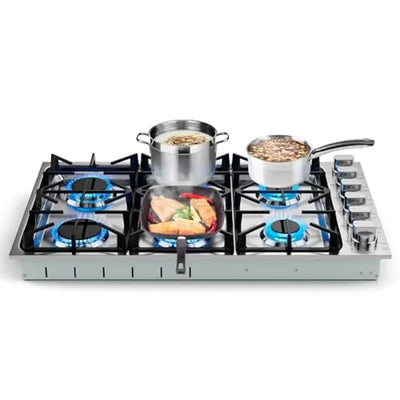 36 Inch 6-Burner Stainless Steel Gas Cooktop NG/LPG Convertible Spacious Cooking Easy to Clean