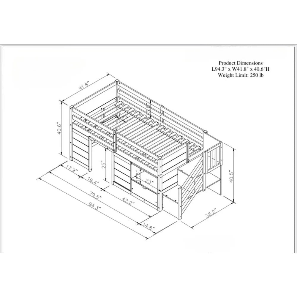 Twin Size Low Loft Bed with Storage,Wood Kids Loft Bed with Stairs,Loft Bed Twin with Shelf and Drawer Underneath,White