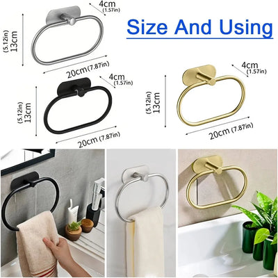 Stainless Steel Towel Holder Self-adhesive Bathroom Towels Rack Black Washhand Hanger Ring Rail Bar Kitchen Storage Accessories