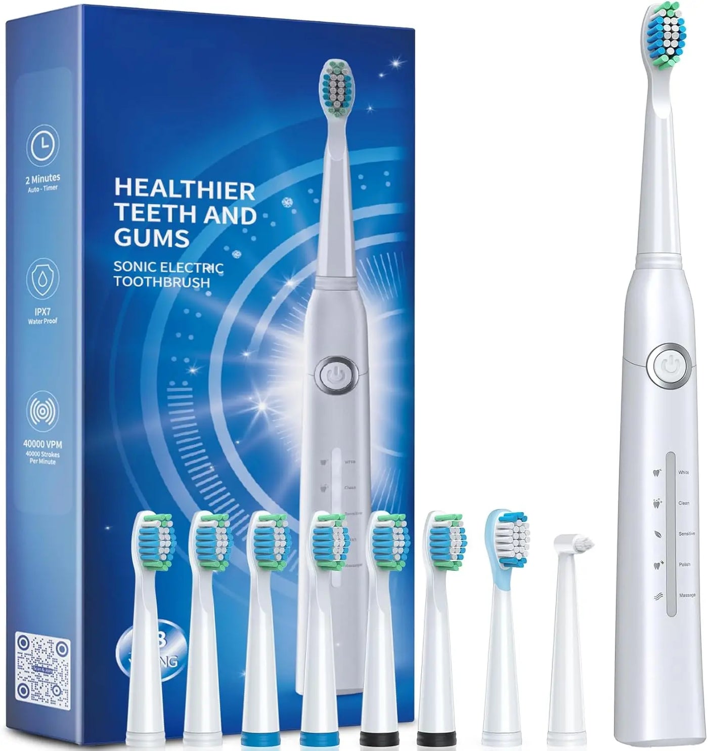 Electric Toothbrush for Adults with 8 Brush Heads, Sonic Electric Toothbrush with 40000 VPM Deep Clean 5 Modes, Rechargeable