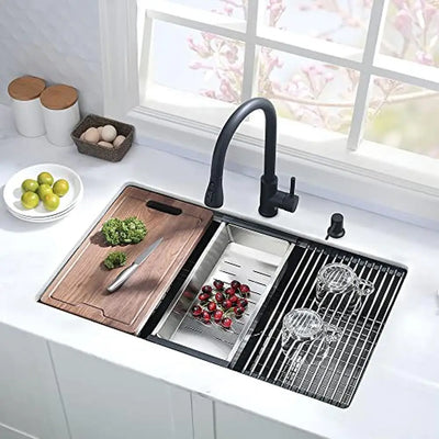 25 Inch Black Stainless Steel Undermount Kitchen Sink Workstation with X-Shape Water Guideline and R10 Corners Includes Cutting