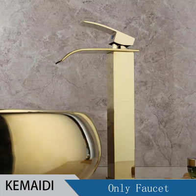 KEMAIDI Luxury 23 Inch Bathroom Vessel Sink Gold Ceramic Sinks Above Counter Oval Bathroom Sink with Gold Waterfall Faucet Mixer