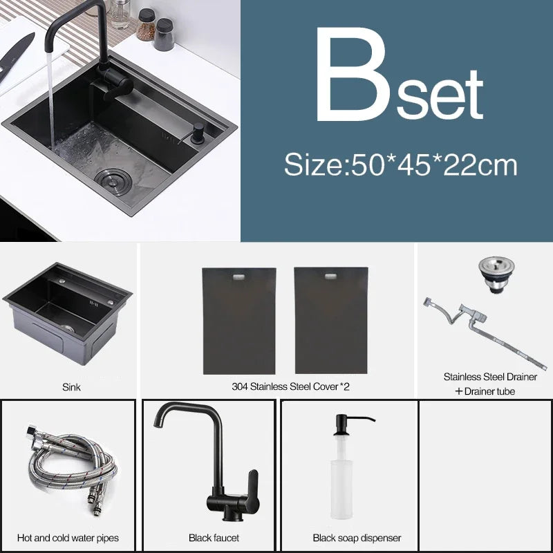 Cloaking Nanometer Double Cover Hidden Kitchen Sink 304 Stainless Steel Handmade Brushed Single Kitchen Sink with Lifting Faucet