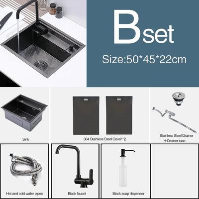 Cloaking Nanometer Double Cover Hidden Kitchen Sink 304 Stainless Steel Handmade Brushed Single Kitchen Sink with Lifting Faucet