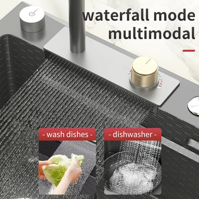 Stainless Steel Kitchen Sink Waterfall Wash Basin Smart Digital Display Embossed Large Single Bowl Multifunctional Dishwasher