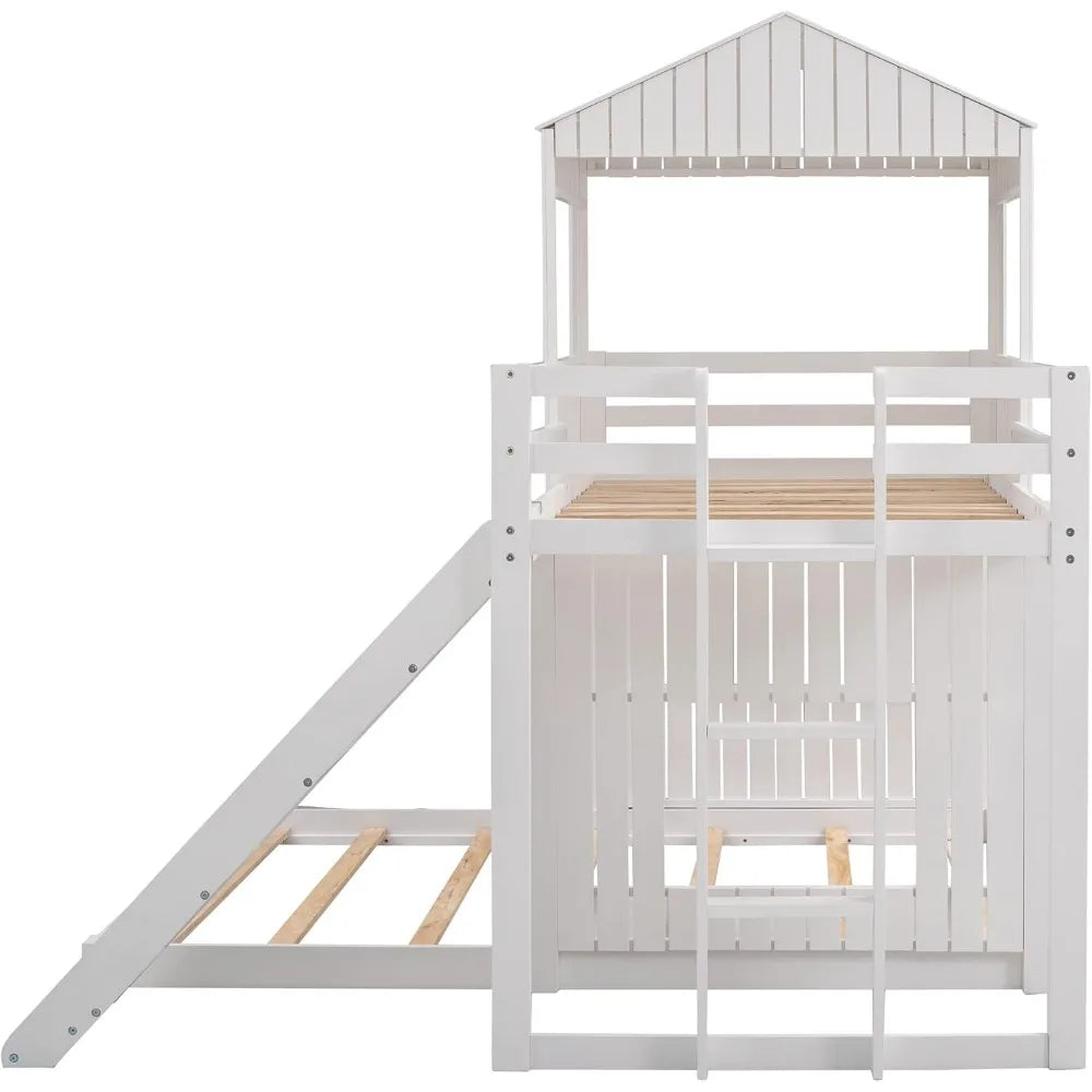 House Floor Bunk Beds with Slide, Wooden Twin Over Full Bunk Beds with Slide, Roof and Guard Rail for Kids