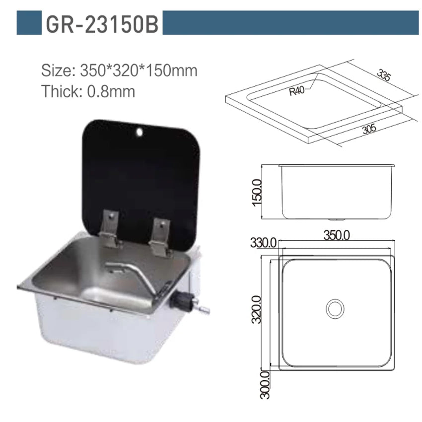 Stainless Steel Sink with Tempered Glass Lid 350*320*150mm GR-23150B Boat Caravan RV