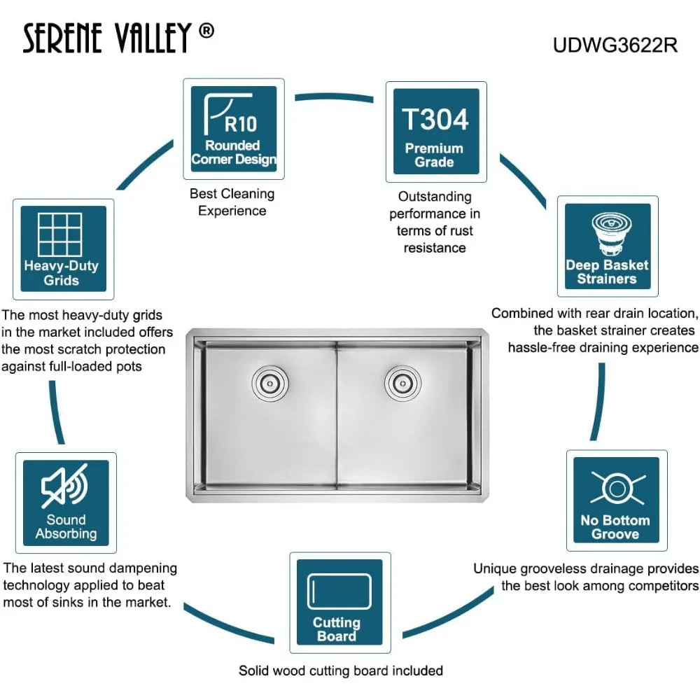 Workstation Kitchen Sink, 36-inch Double-Bowl Undermount, Cutting Board, Unique Thin Divider and Heavy-Duty Grids UDWG3622R